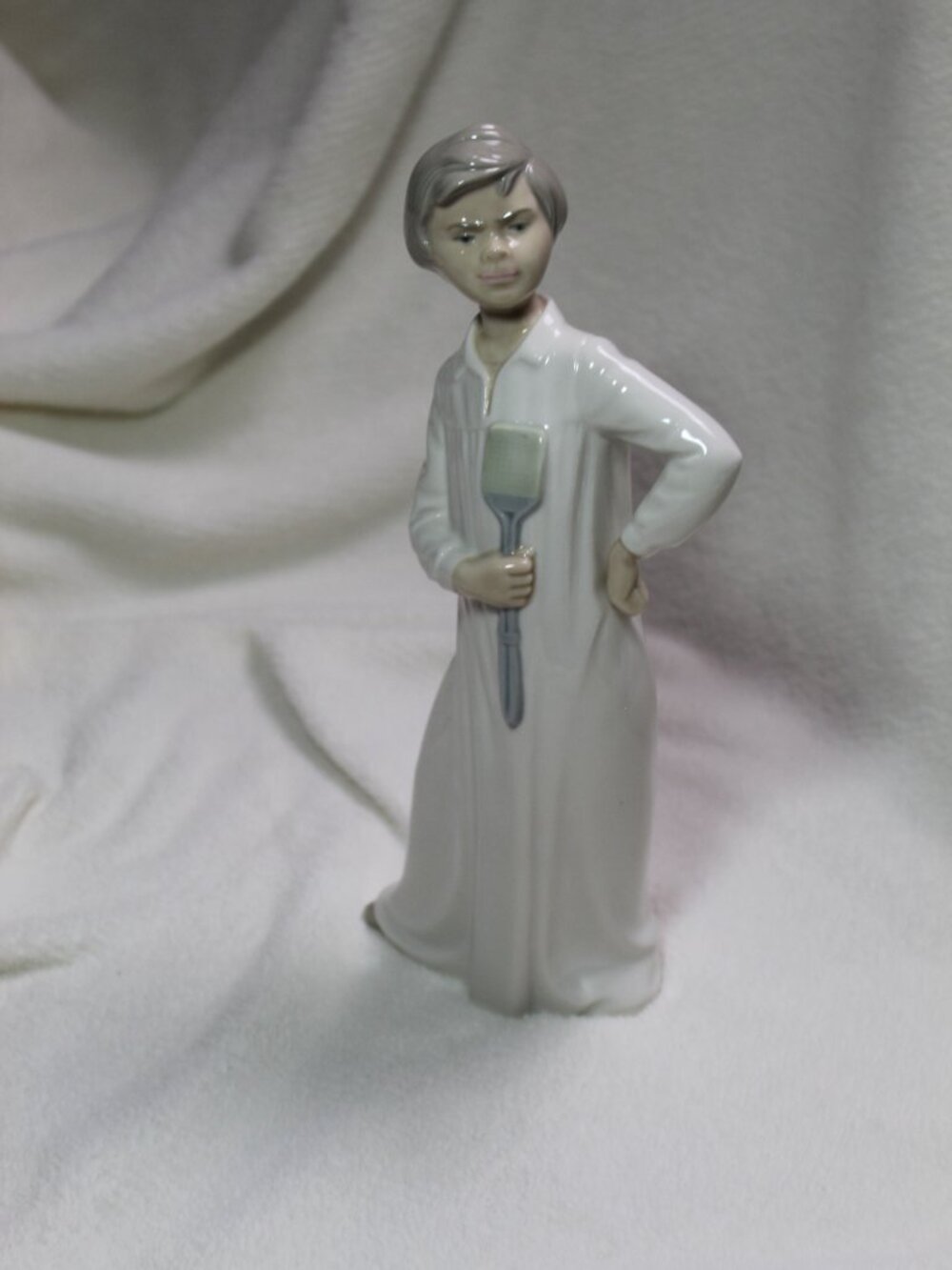 NAO by Lladro Porcelain Figurine Boy in Nightshirt with Fly Swatter 1970s Spain